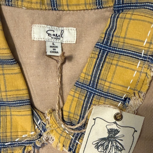 Easel Tan Denim Pull On Jeans and Jacket Outfit with Yellow Plaid Details Large - Picture 2 of 5